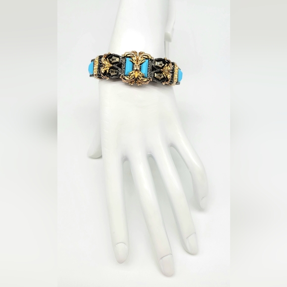 Alexis Bittar Turquoise Glass and Swarovski Crystal Mixed Metal Ormolu Cuff - Picture 5 of 13